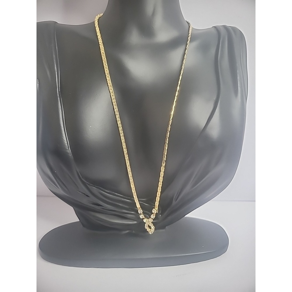 Vintage Gold Tone Chain Necklace V Neck White Crystals Jewelry Costume